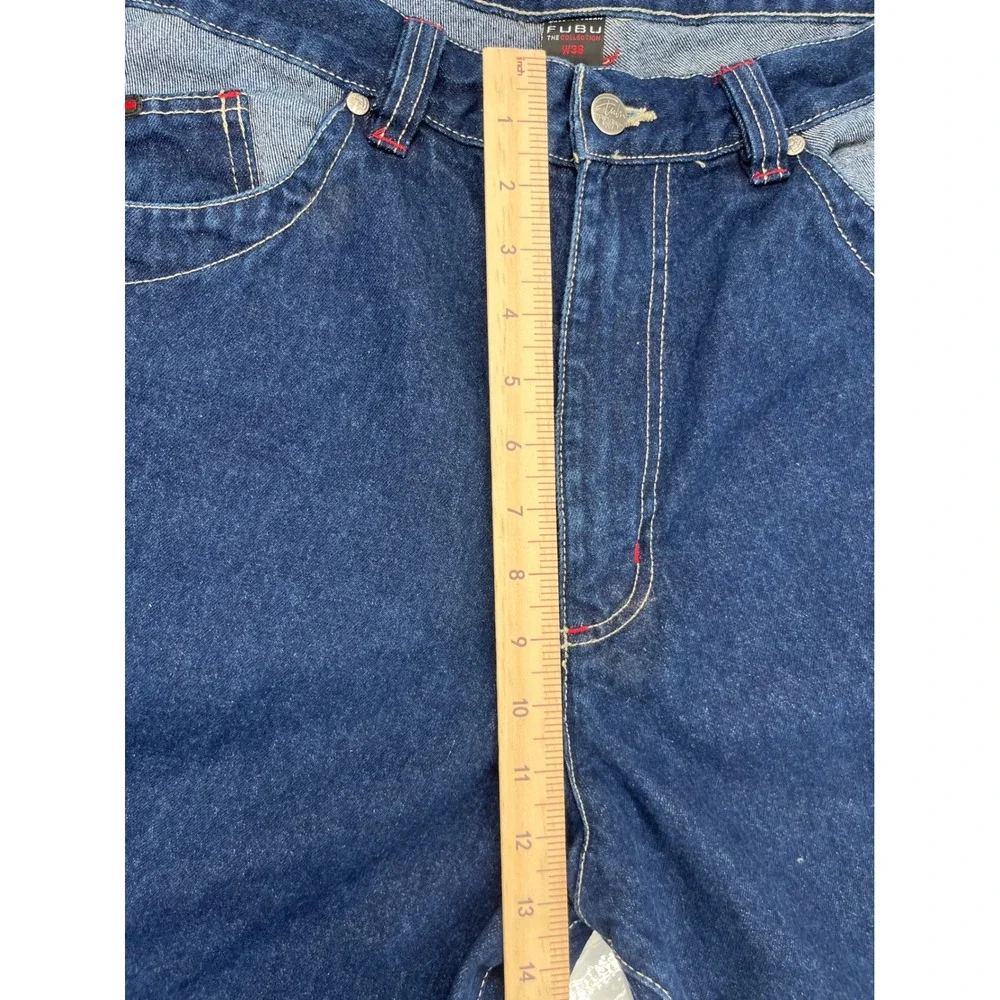 Vintage FUBU The Collection Baggy Denim Shorts Blue Red Stitching Mens 36 HipHop